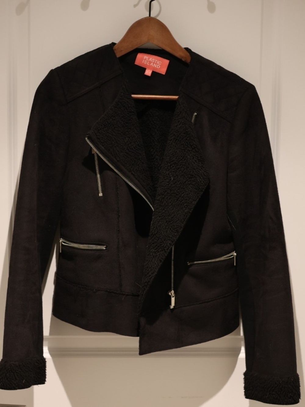 Plastic Island Black Moto Shearling-Trim Jacket